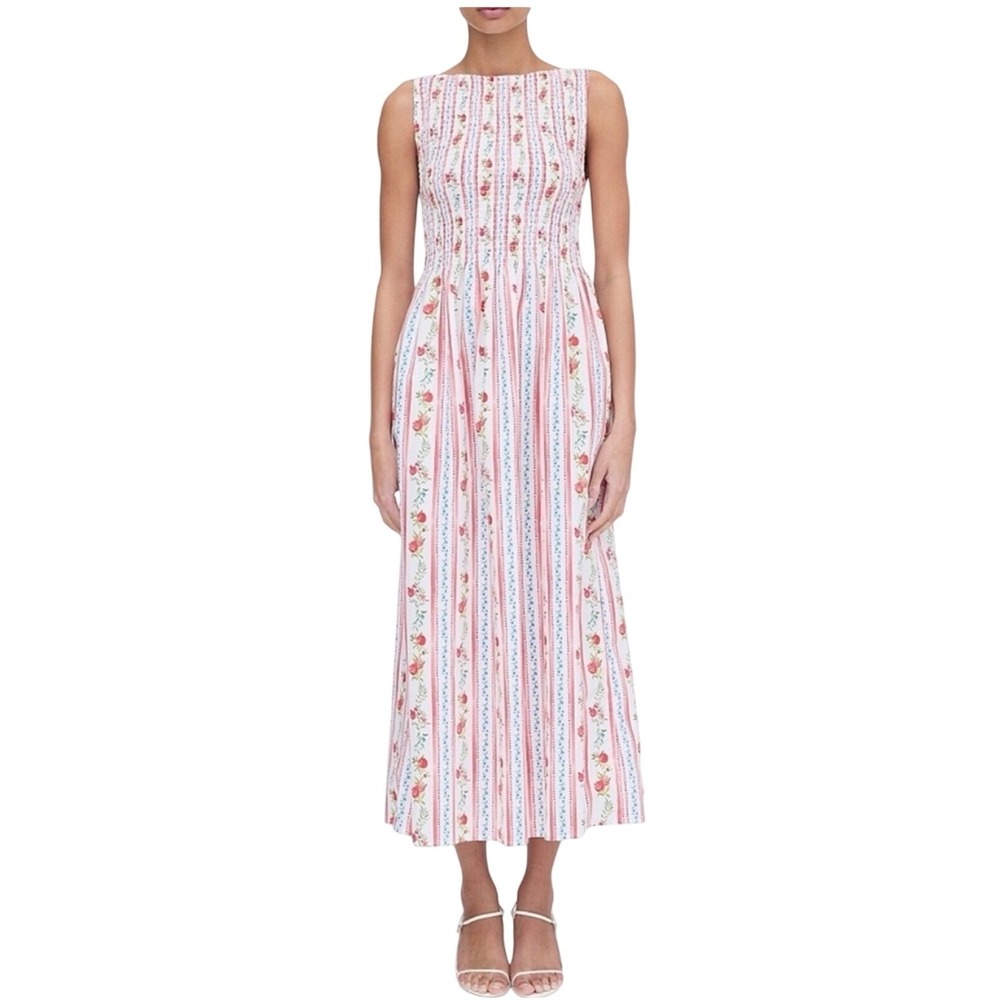 NWT Caroline Constas Pomegranate Stripe Smocked Cotton Maxi Dress Women's Large‎